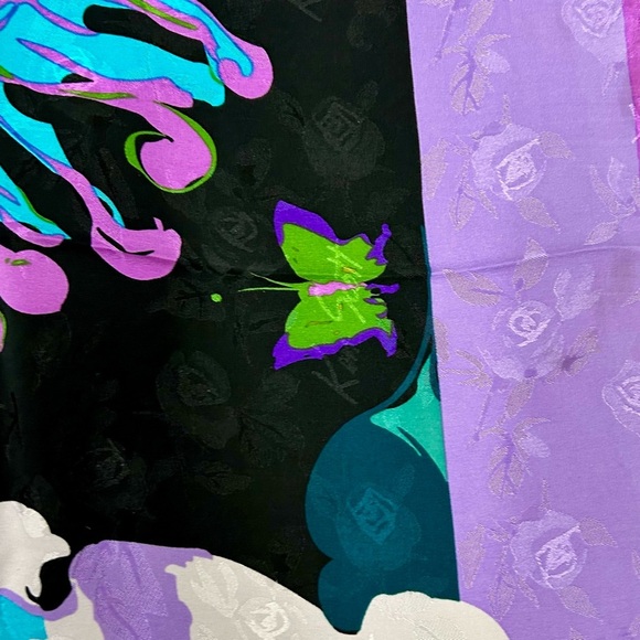 Ken Scott Vintage Floral Silk Scarf | Purple & Aqua Bold Flowers - Picture 6 of 9